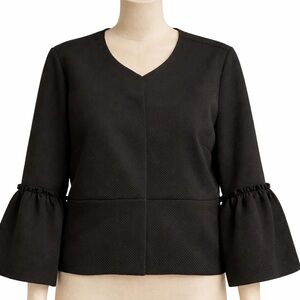 Black Textured Blazer with Ruffled Flare Sleeves